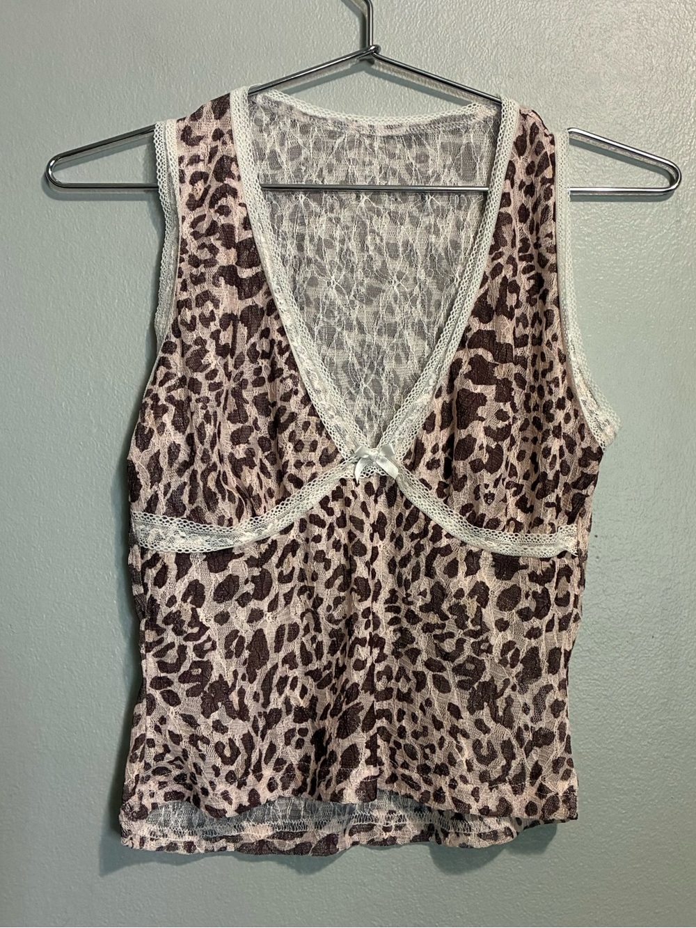 Y2K Sheer Leopard Print Lace Trim Tank Top Size Medium Coquette Animal Print